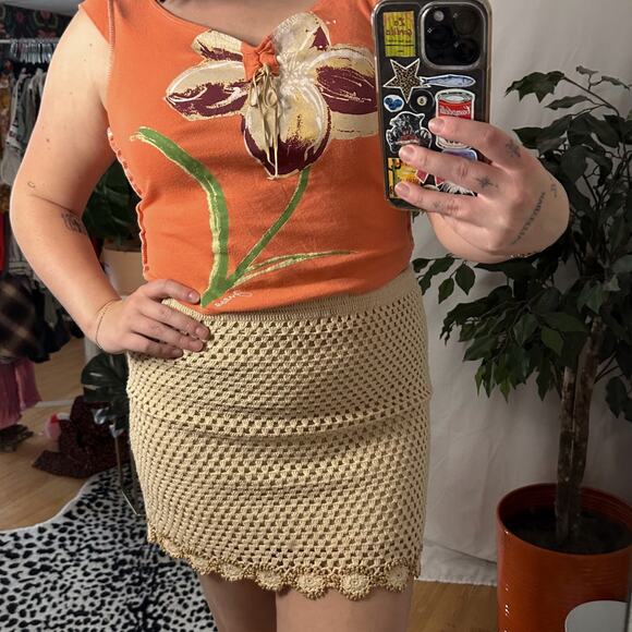 Moda International Crochet Openi Knit Pencil Mini Skirt Tan Size Small - Picture 1 of 5